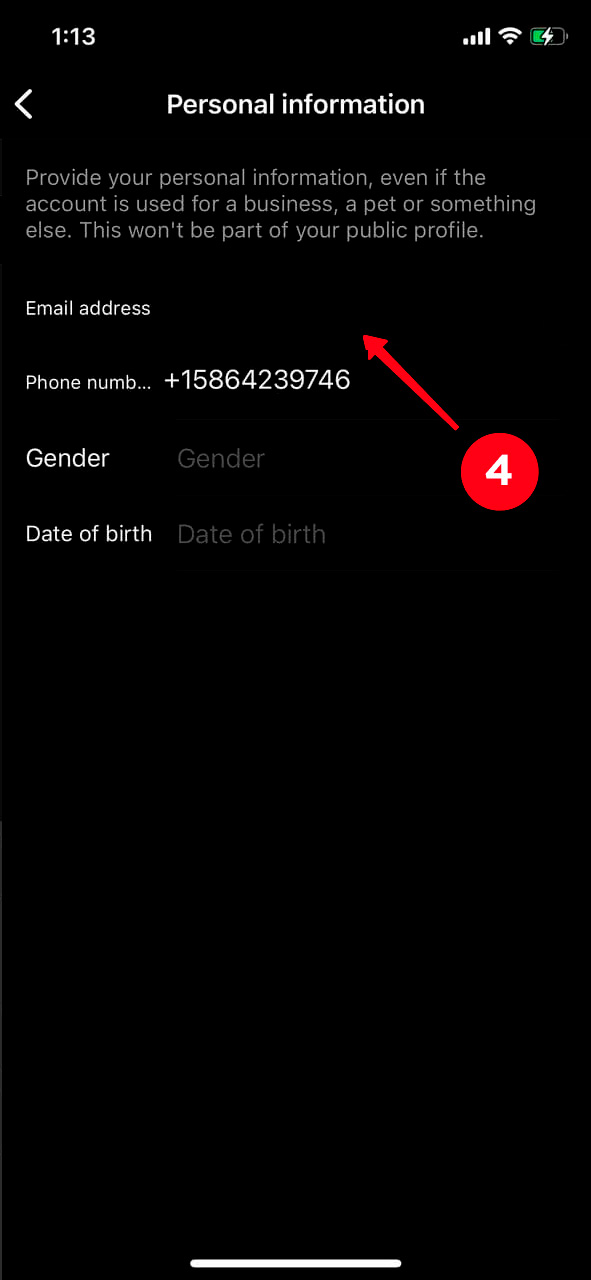 Tapping the Email address field in the Personal information settings