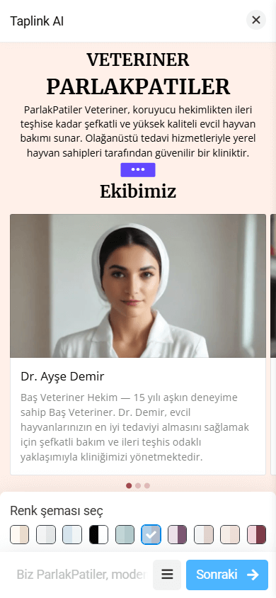 Taplink AI oluşturucusunda sarı renk paleti içeren bir sayfa