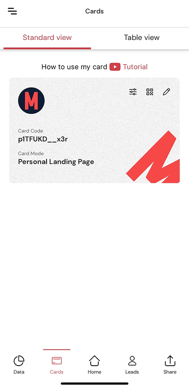 Business card mode in the Mobilo digital business card app
