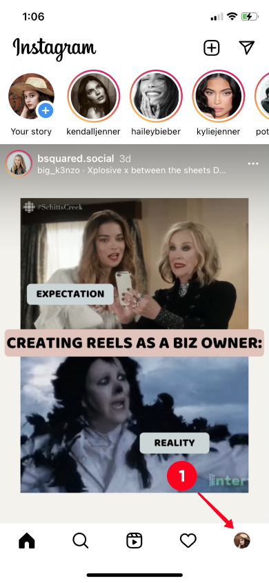 Switching to the profile tab in the Instagram app