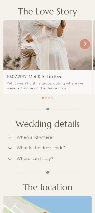 Image carousel telling a love story and wedding details list on a website