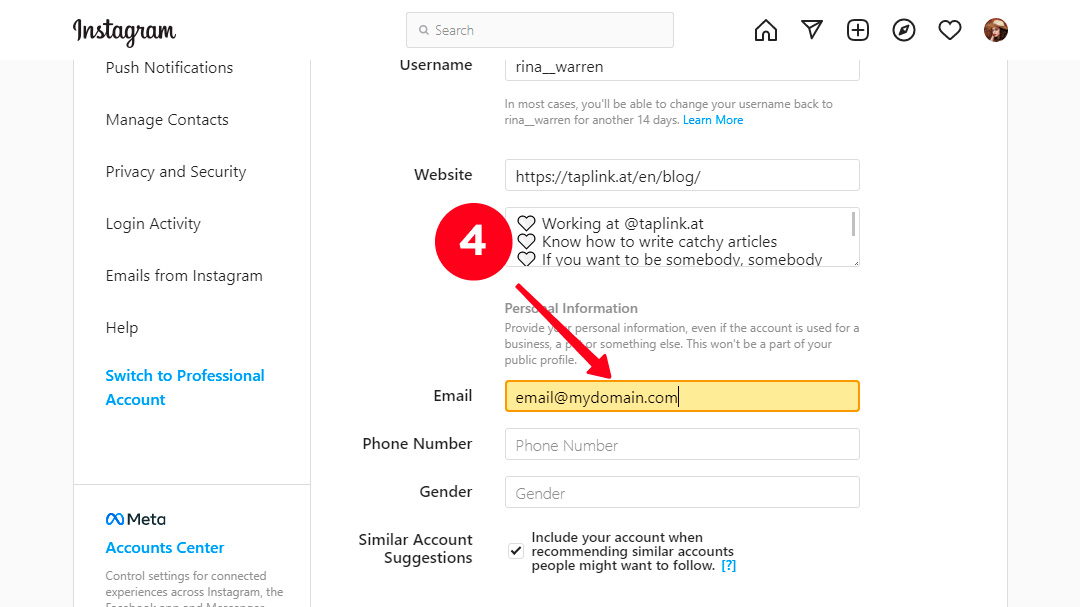 Filling in the Email field in the Edit profile settings on Instagram