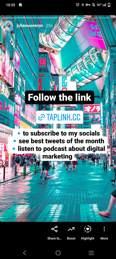 Taplink page link posted to Instagram Stories