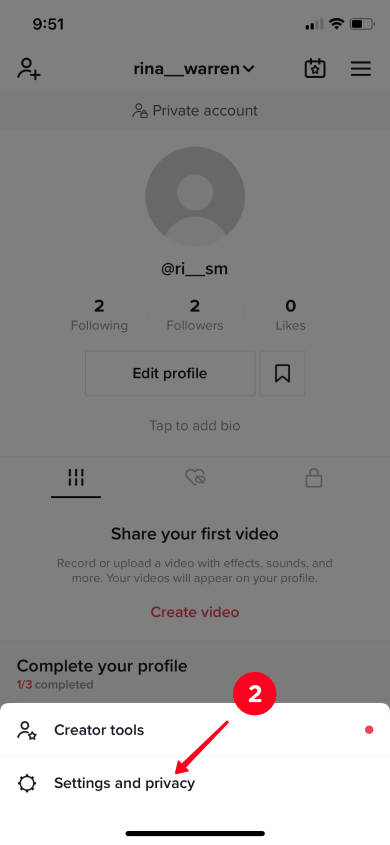 Choosing Settings and privacy in the TikTok app