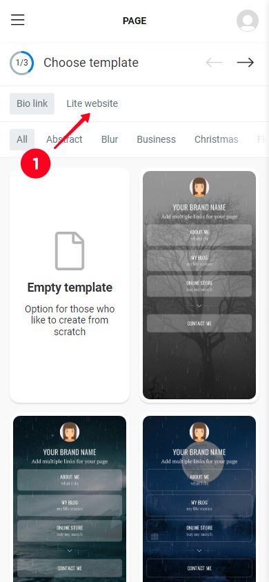 Switching to the Lite website tab in the Taplink page template library