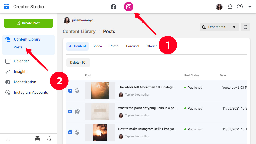 Choosing the Instagram tab and the Posts section in the Creator Studio on a computer