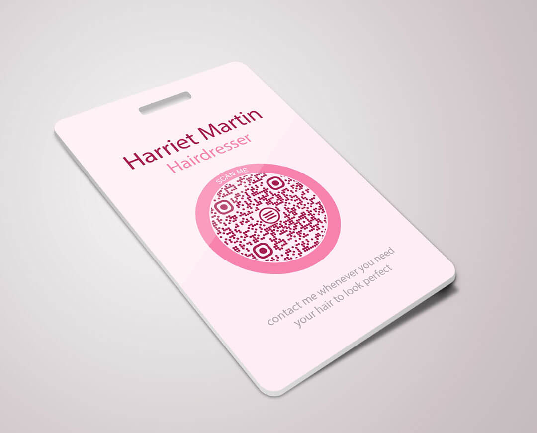 Name tag featuring a name, occupation, a QR code to the digital business card, and text
