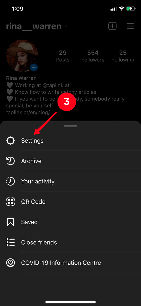 Opening Settings in the Instagram app