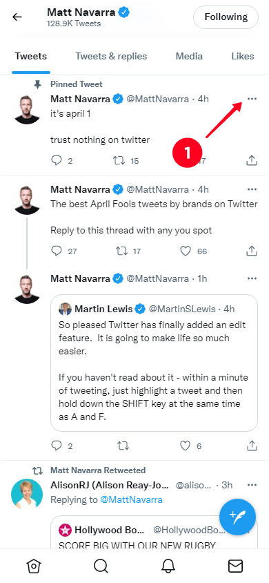 Tapping the three dot icon in a Tweet in the app