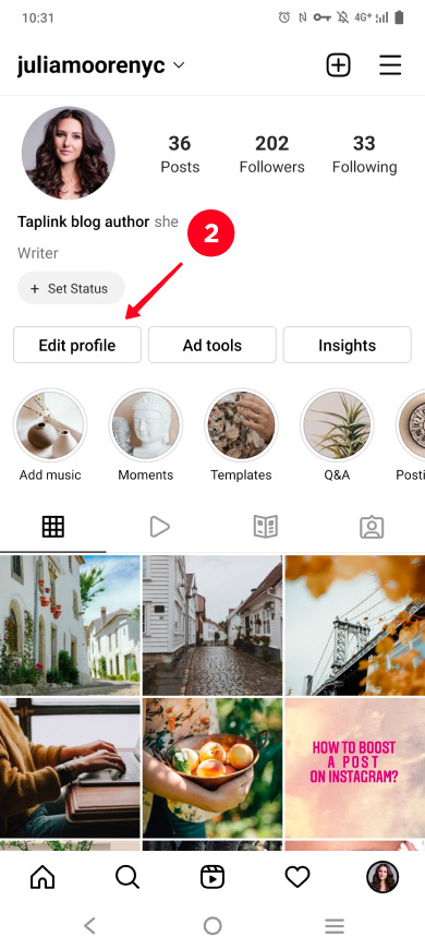 Tapping Edit profile on an Instagram profile page of an Etsy seller
