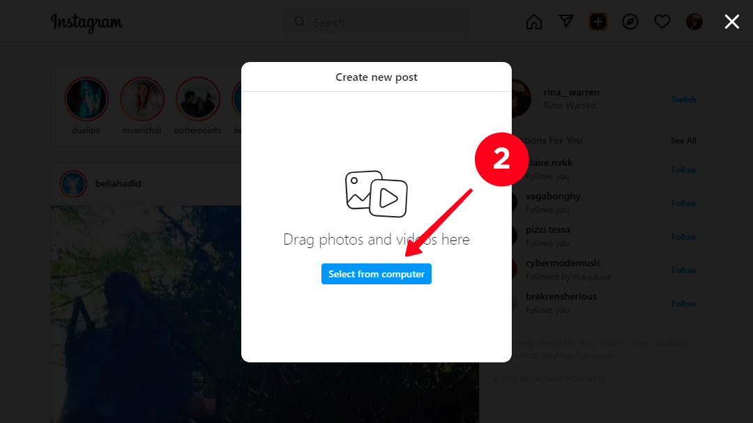 Tapping the Select from computer button on Instagram in the PC browser