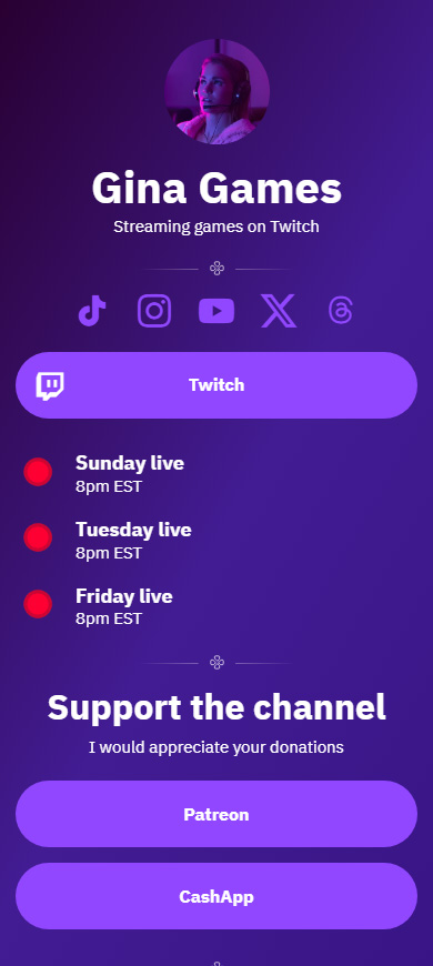 Tautan Twitch streamer di halaman bio dibuat di Taplink untuk Instagram
