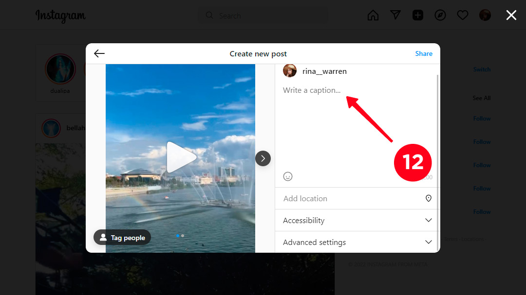 Writing th post caption when posting to Instagram from a PC