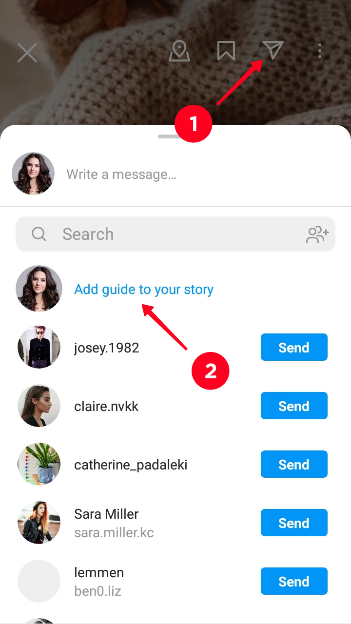 Tapping the paper plane and choosing Add guide to your story in the Instagram app