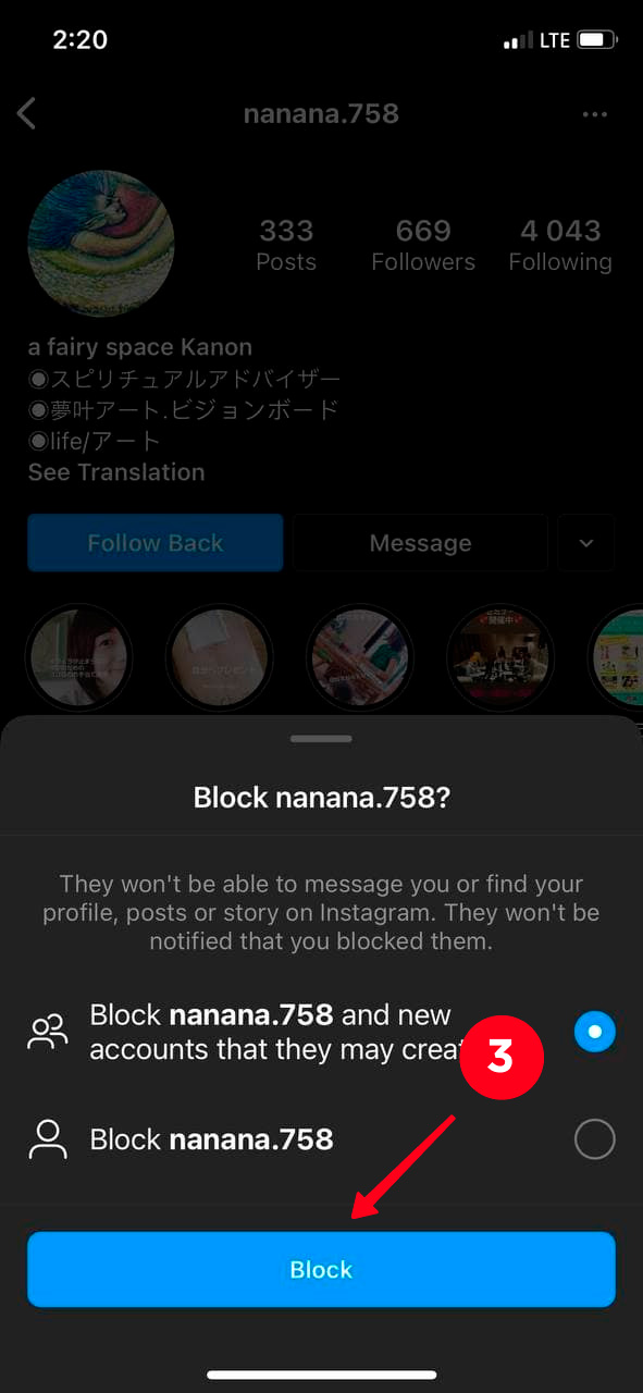 Tapping Block in the appeared pop-up window in the Instagram app