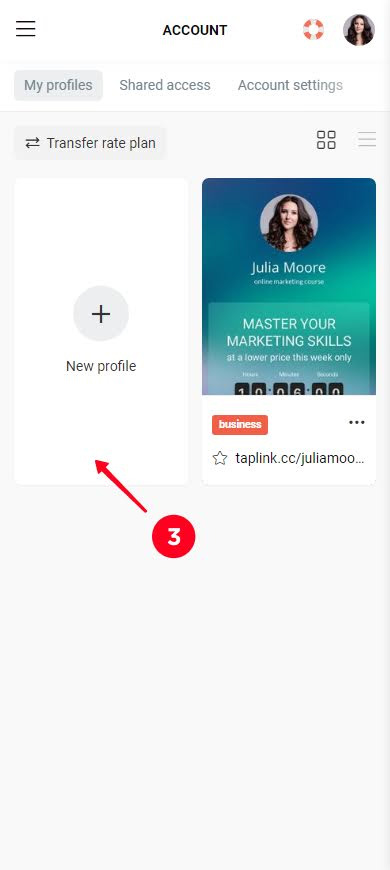 Tapping New profile on the page with all the user’s profiles
