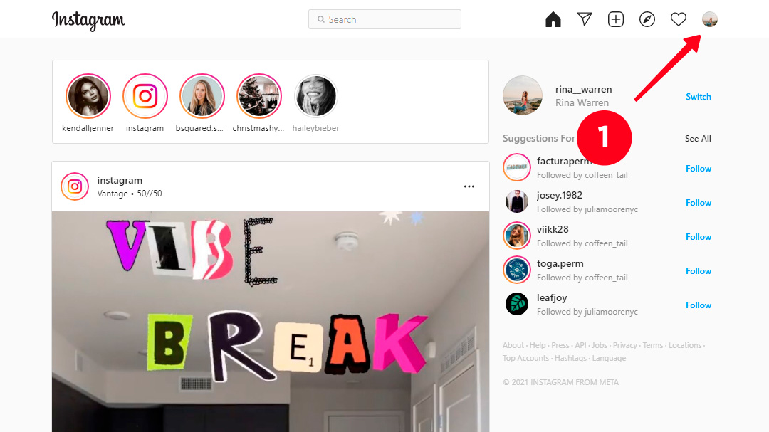 Clicking the profile photo in the Instagram feed on a desktop