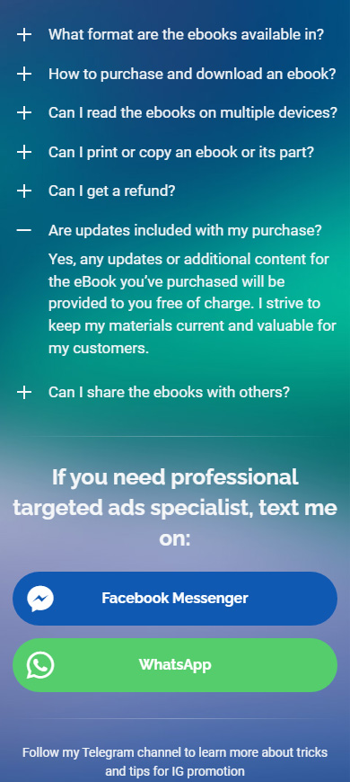 FAQ section about the digital products selling on the page