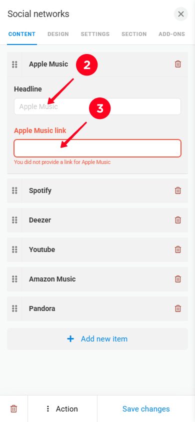 Entering a streaming platform headline and pasting the music link in the Taplink website builder