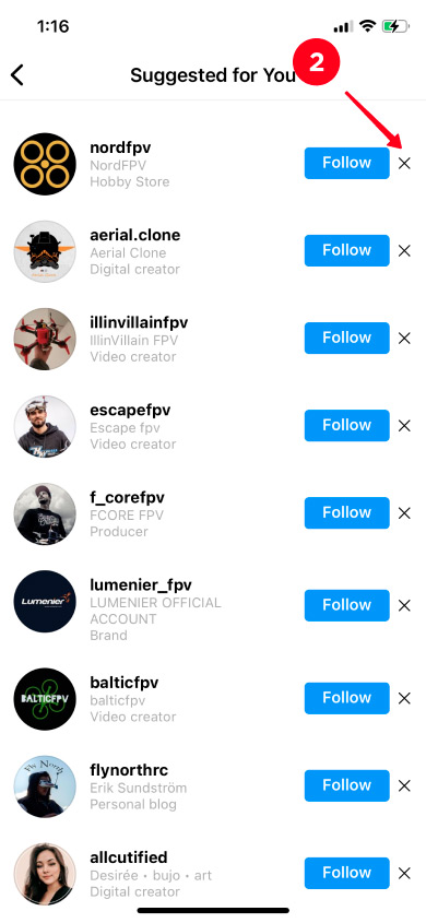 Deleting a suggested Instagram account form the list