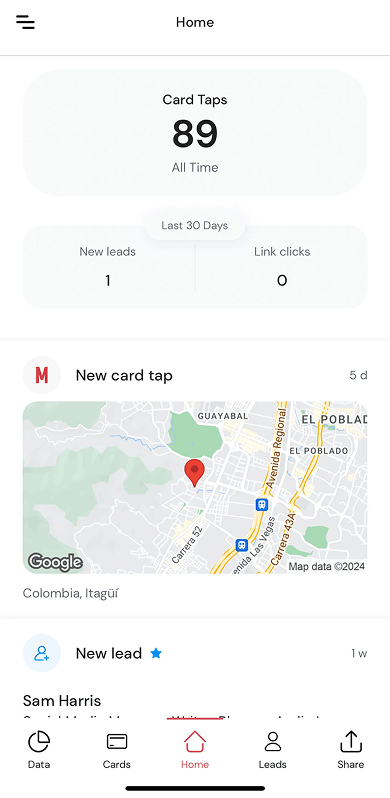 Dashboard page in the Mobilo digital business card app