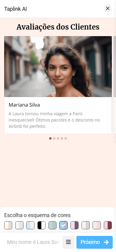 Um layout da seção Avaliações com uma foto grande do cliente, nome e o depoimento