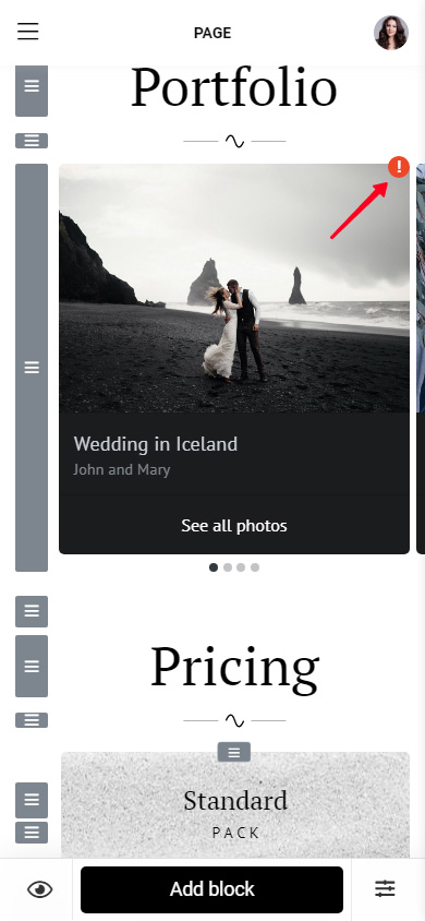 Highlighted exclamation mark on a block in the Taplink editor