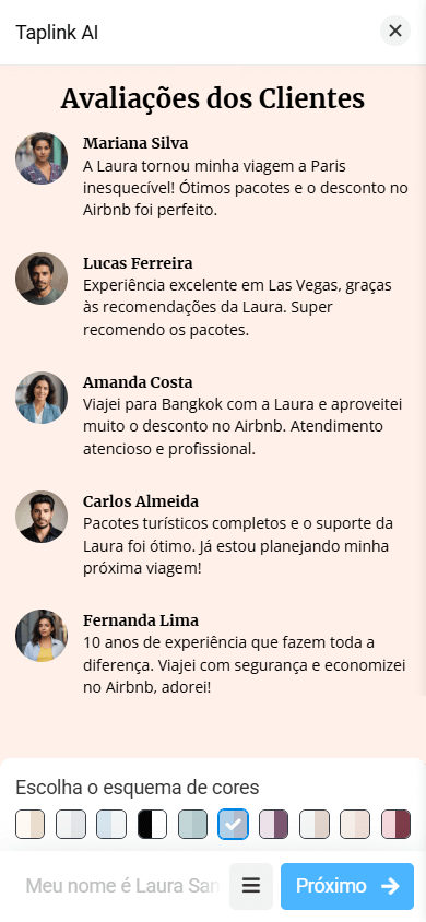 Um layout da seção Avaliações com fotos pequenas dos clientes, seus nomes e depoimentos