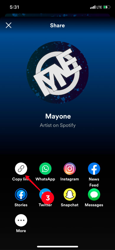Copying link to an artist's profile in the Spotify link