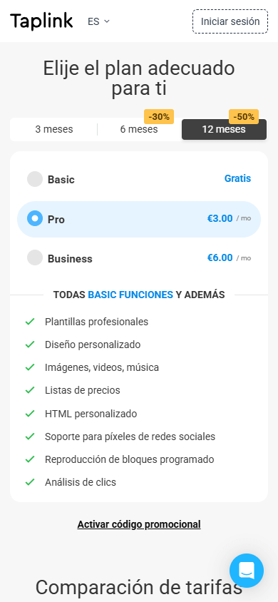 Plan de precios Pro