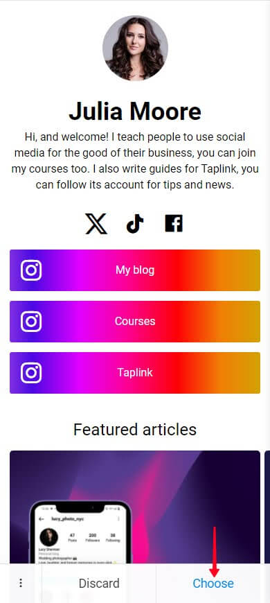 Tapping Choose in the Taplink page preview mode