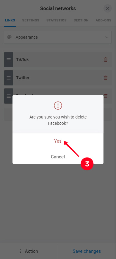 Confirming a social network link deletion in a pop-up window