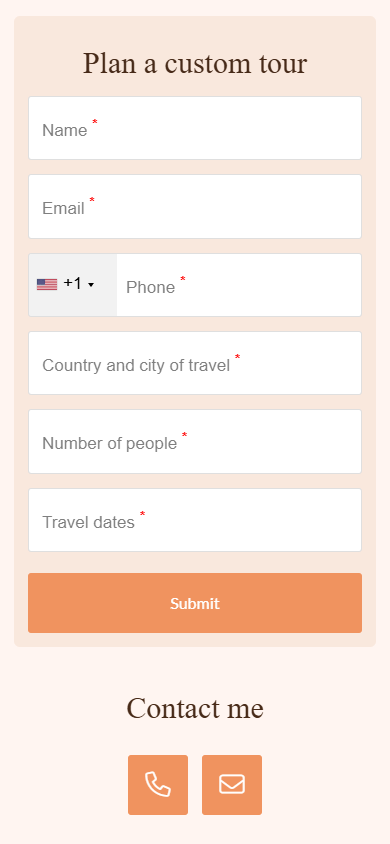 Taplink-built landing page for travel featuring headlines, a form, a submit button, and socials