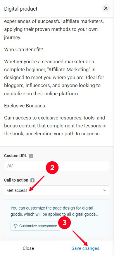 Choosing the call to action for the buy button and saving the product changes