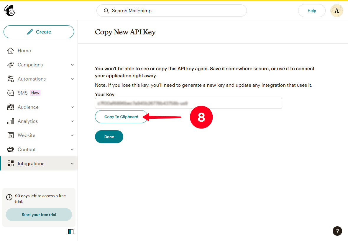 Clicking Copy To Clipboard on the API key generation page