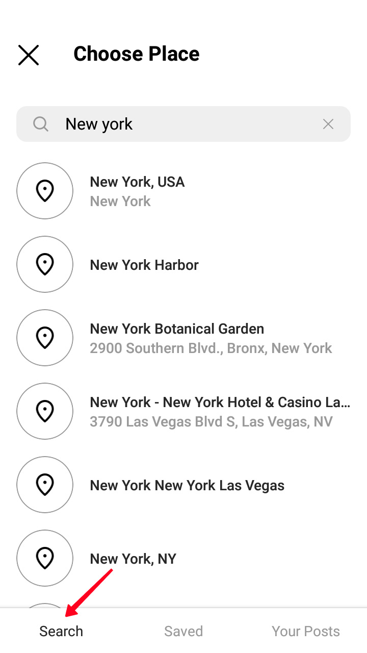 Highlighted Search tab in the Choose Place menu