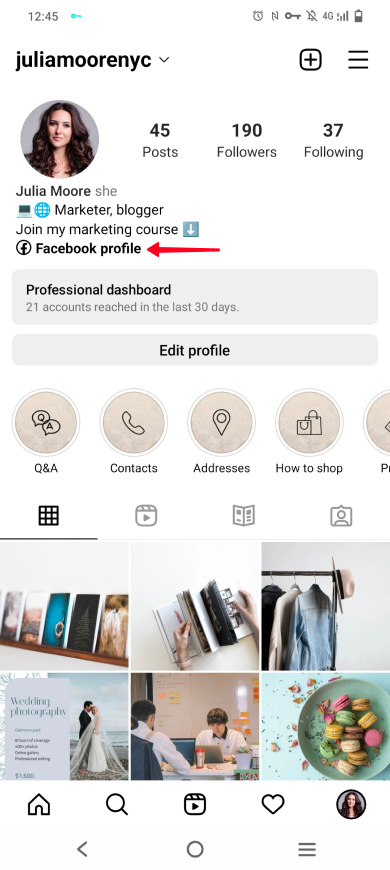 Highlighted Facebook profile link with an icon in an Instagram bio