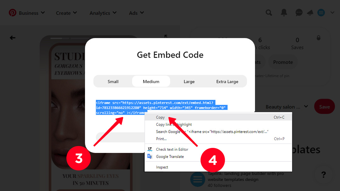 Copying Pin Embed code in the desktop browser