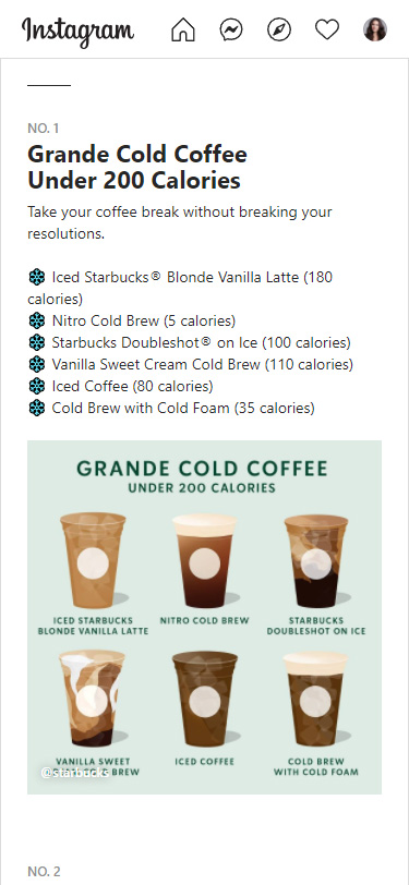 Low-calorie coffee compilation in an Instagram post