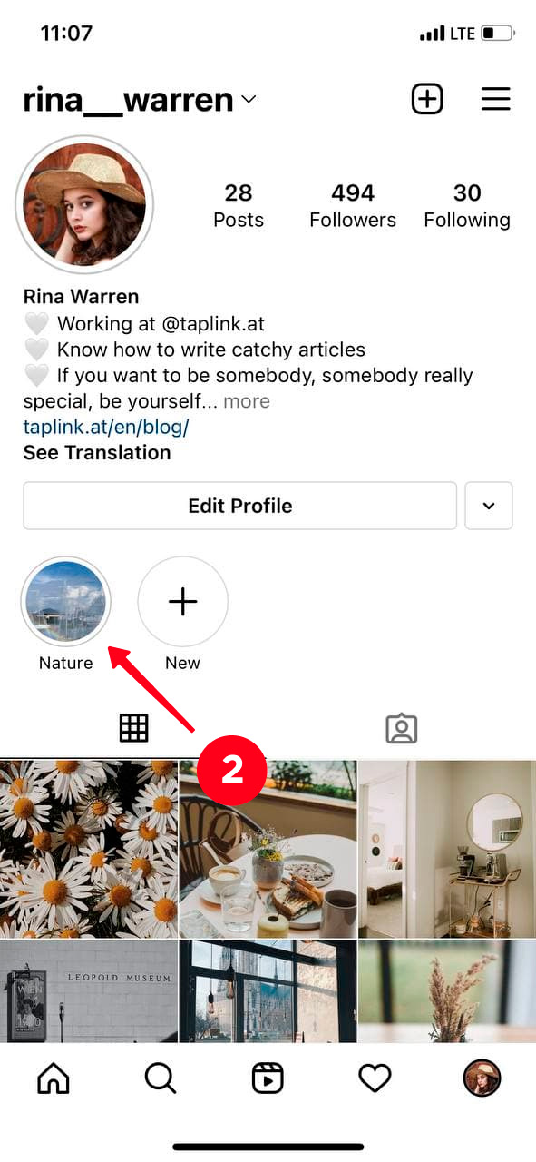 Tapping and holding an Instagram highlight on a profile page