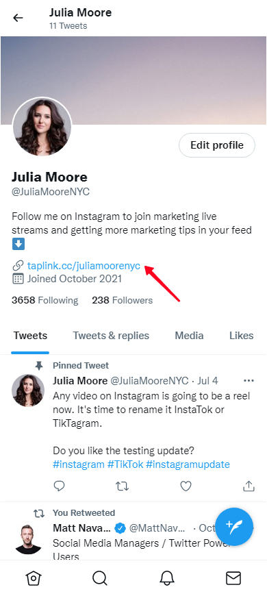 Highlighted clickable Telegram profile link in an X (Twitter) bio
