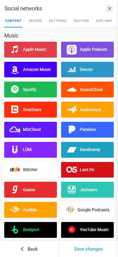 Twenty music platforms in the Social media content block in Taplink