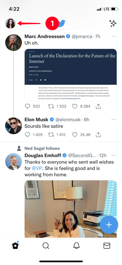 Tapping the profile photo in the home tab in the Twitter app