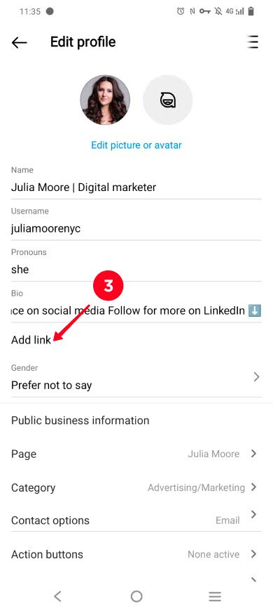 Choosing Add link in the Instagram profile settings