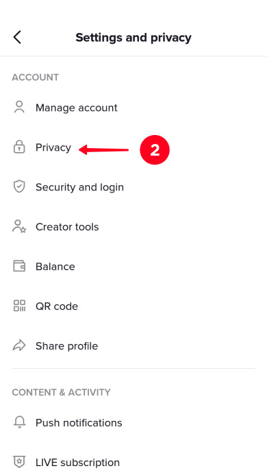 Choosing Privacy in the TikTok account settings