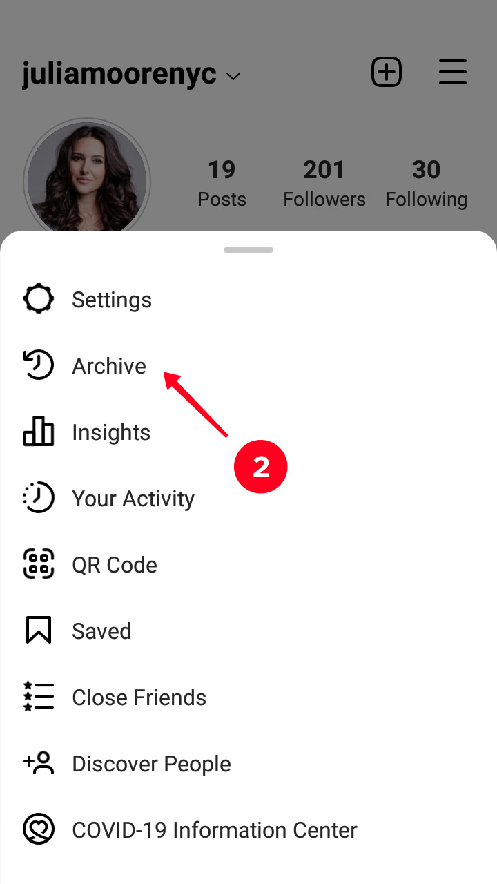 Choosing Archive on the list in the Instagram app on a smartphone