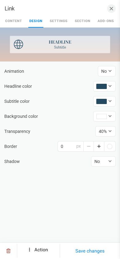Button settings page in Taplink