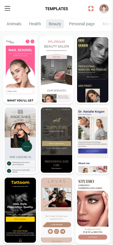 Second part of page templates in Taplink
