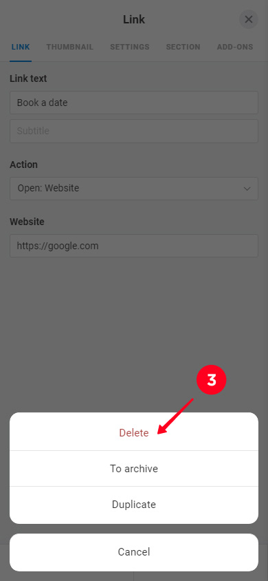 Choosing Delete on the list of the action options