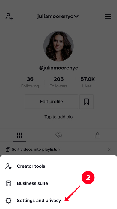 Choosing Settings and privacy in the TikTok app